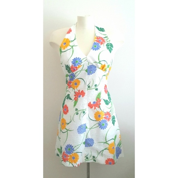 Vintage Dresses & Skirts - 1960's Floral Eyelet Halter Dress